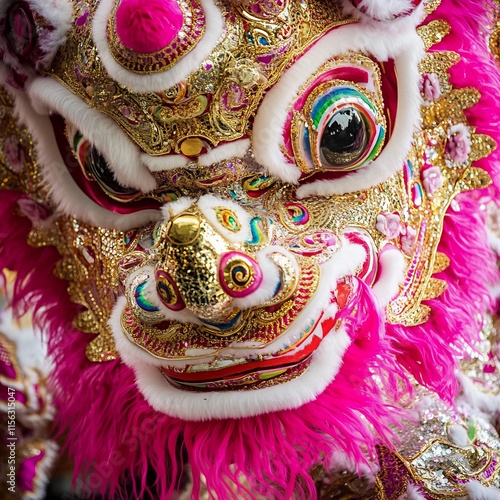 Close-up of a vibrant and ornate lion dance costume, showcasing intricate details and rich colors. photo