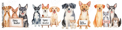 World spay day element, Happy pets promoting spay and neuter awareness with signs, isolated on transparent background.