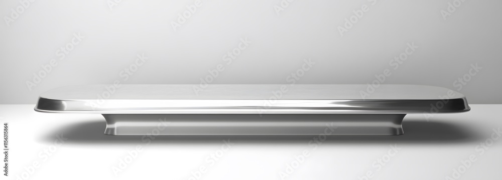 A simple, elevated podium with a polished silver surface, placed on a neutral white backdrop to display fine products A simple, elevated podium with a polished silver surface, placed on a neutral white backdrop to display fine products