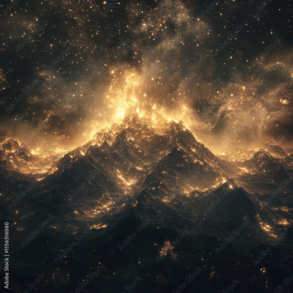 Naklejka premium Glowing Celestial Mountains A Breathtaking Digital Art Landscape of Starry Night and Illuminated Peaks.