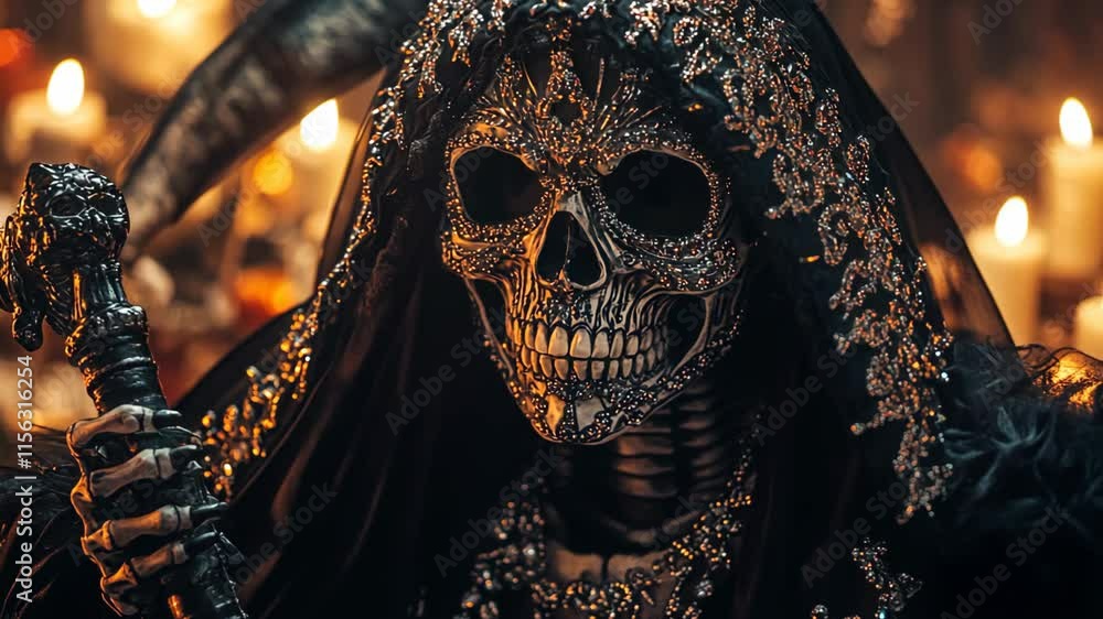 Avant-garde fantasy art, skull wearing black ornate robe holding mage staff 