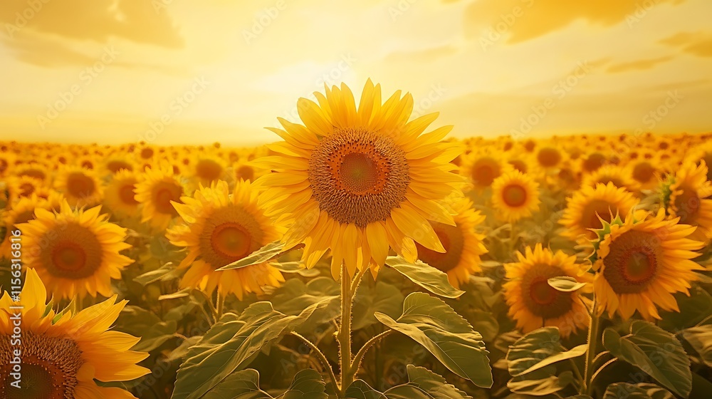 Fototapeta premium vibrant, high resolution photograph featuring a field of sunflowers under a golden sunset centered on a single sunflower in the foreground 