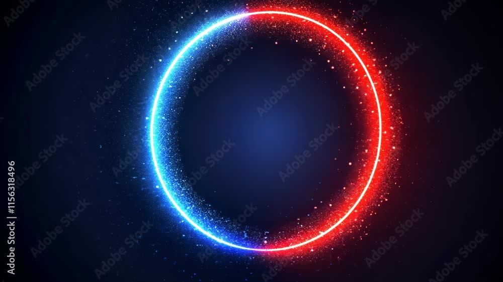 Circle forming with blue and red particles creating a stunning visual effect in dark background Circle forming with blue and red particles creating a stunning visual effect in dark background