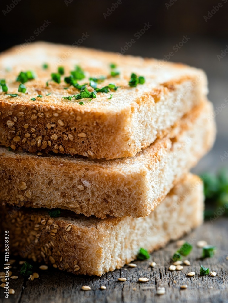 Three stacked slices of sesame bread topped with chopped chives, resting on a rustic wooden surface, showcasing a deliciously simple snack or meal option. Three stacked slices of sesame bread topped with chopped chives, resting on a rustic wooden surface, showcasing a deliciously simple snack or meal option.