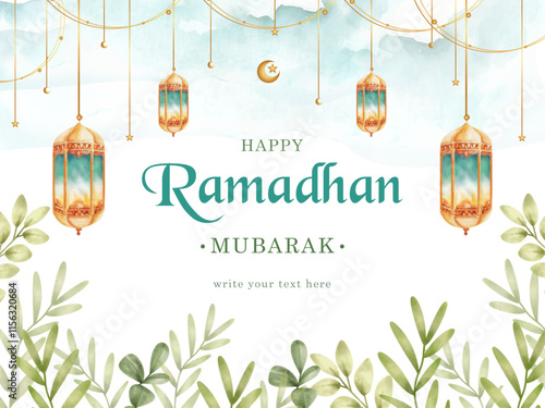 Greeting Card of Ramadhan Mubarak Invitation with Blue Splash Watercolor