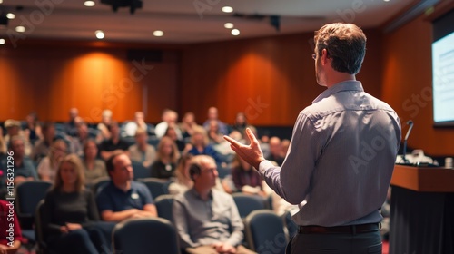 Wallpaper Mural Engaging Business Presentation Moment with Speaker Addressing Audience in a Conference Room Setting Torontodigital.ca