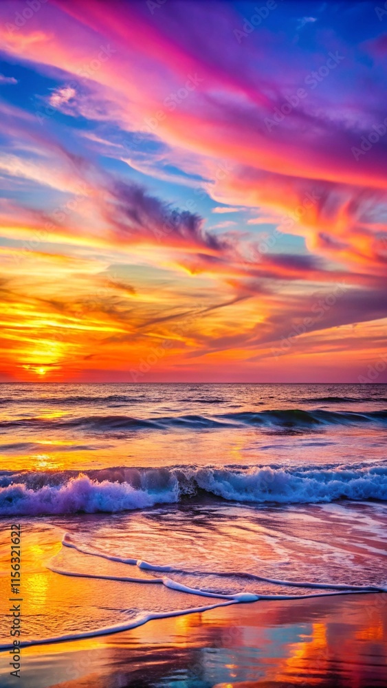 Fototapeta premium Mesmerizing ocean sunset wallpaper background showcasing dynamic skies and soothing reflections
