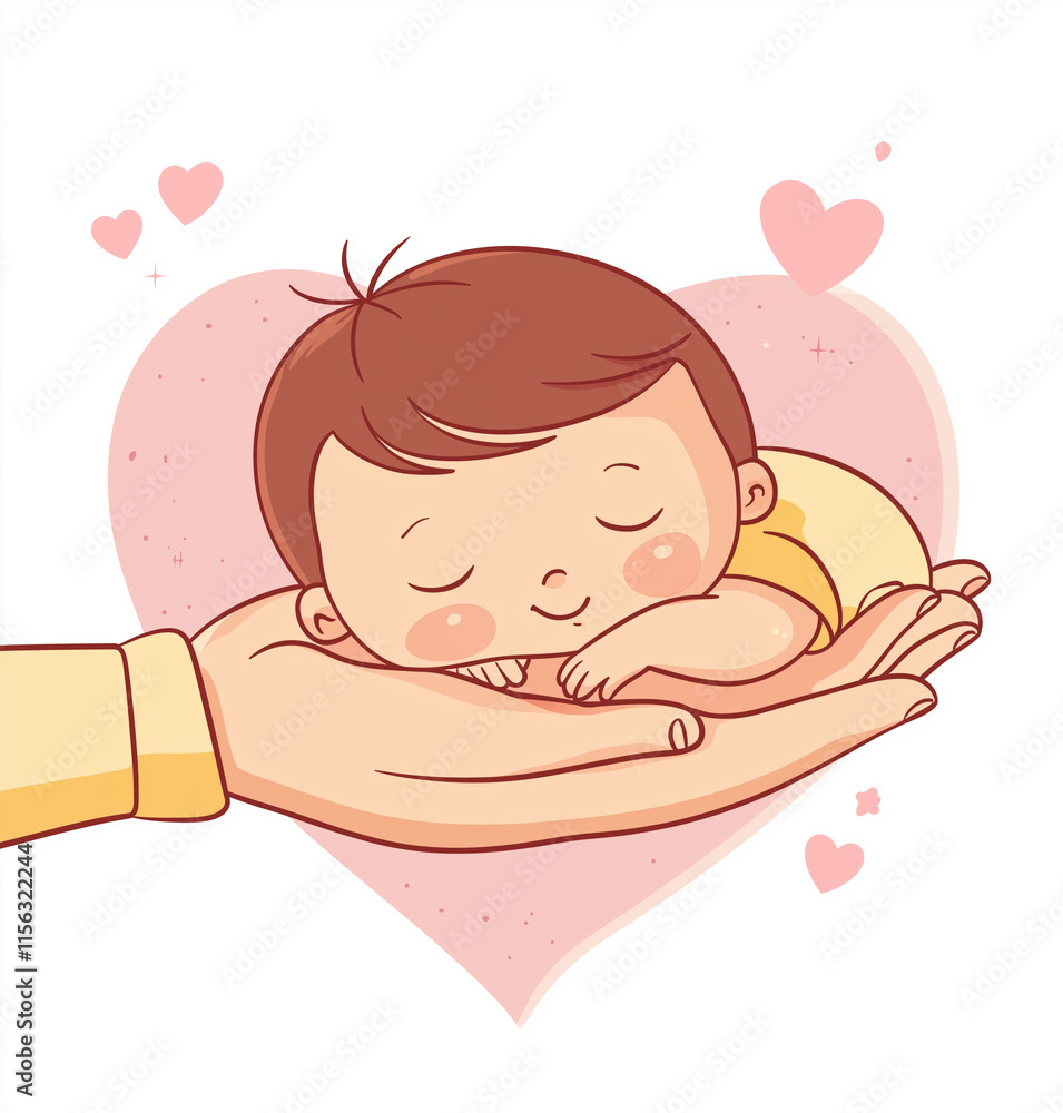 Cute vector illustration of an Asian baby sleeping in an adult's hand with a pink heart-shaped background and clean minimalist design
Cute vector illustration of an Asian baby sleeping in an adult's hand with a pink heart-shaped background and clean minimalist design
