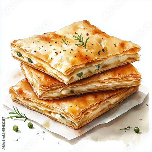 Brek A Turkish pastry made of thin layers of dough | Watercolor Pastry – Gourmet Bakery Treats in Hand-Painted Style
 photo