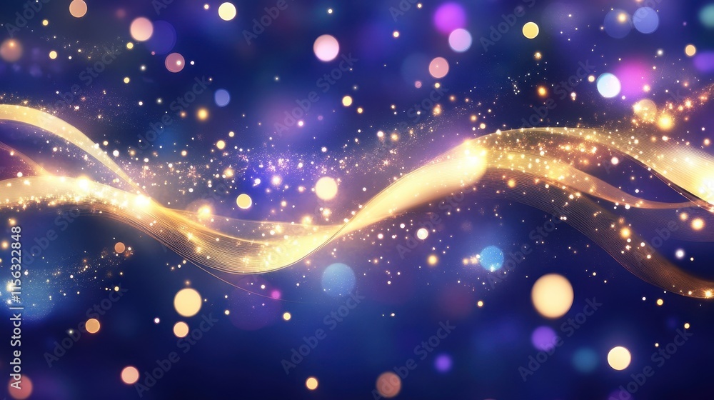 Magical Golden Waves Abstract Background Sparkling Lights, Bokeh, and Glowing Dust Particles on a Deep Blue Canvas Magical Golden Waves Abstract Background Sparkling Lights, Bokeh, and Glowing Dust Particles on a Deep Blue Canvas