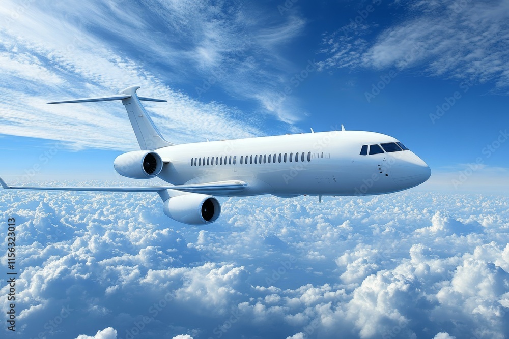 Obraz premium White Airplane Soaring Above Fluffy Clouds