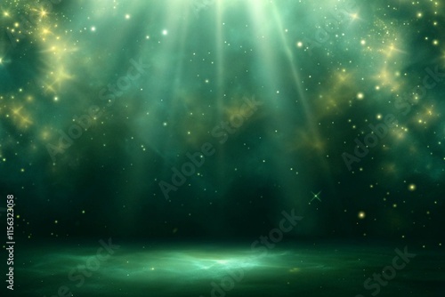 Elegant golden bokeh and soft glowing spotlight on a green textured surface for ethereal wallpaper background photo