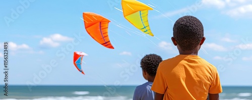African American children idea. Two children enjoying a day at the beach, flying colorful kites under a clear sky.