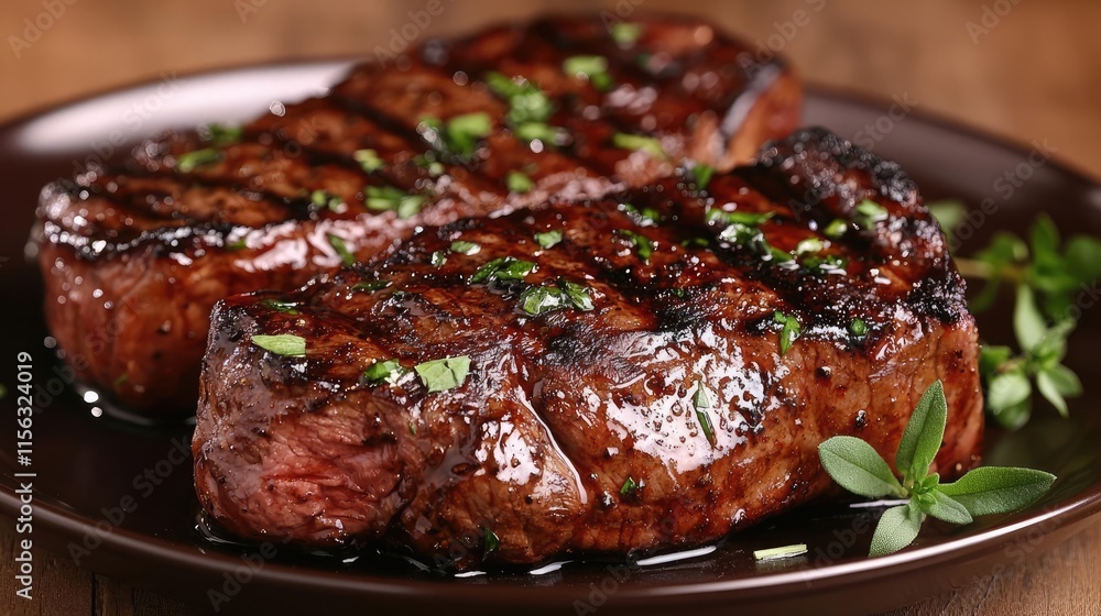 Steak serve idea. Delicious grilled steak served on a rustic plate with herbs and spices. Steak serve idea. Delicious grilled steak served on a rustic plate with herbs and spices.