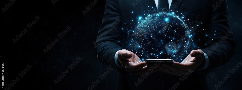 A businessman holds a smartphone displaying a glowing, interconnected globe. A businessman holds a smartphone displaying a glowing, interconnected globe.