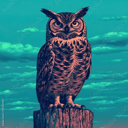 A stylized illustration of an owl perched on a wooden post against a vibrant sky, showcasing its fierce expression and intricate feather details. photo