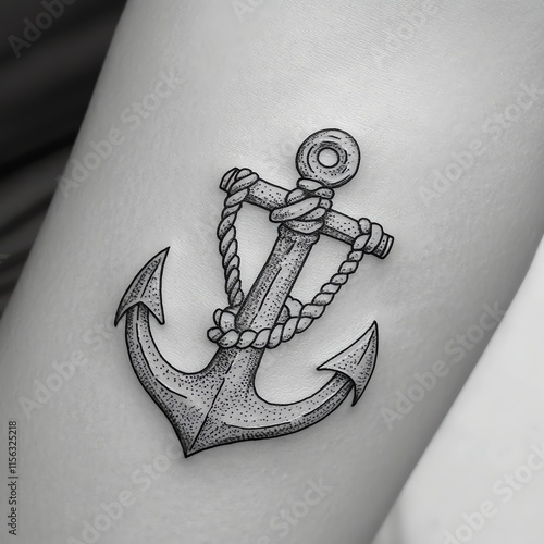 Detailed tattoo of an anchor with rope on skin, gray toned artwork. photo