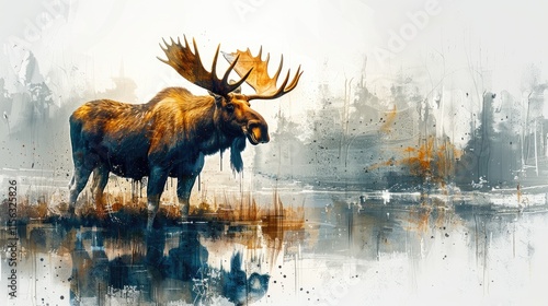 A majestic moose standing by a serene lake, surrounded by an artistic, abstract landscape.