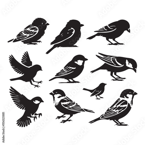 Wallpaper Mural Silhouette set of sparrows on white background Torontodigital.ca