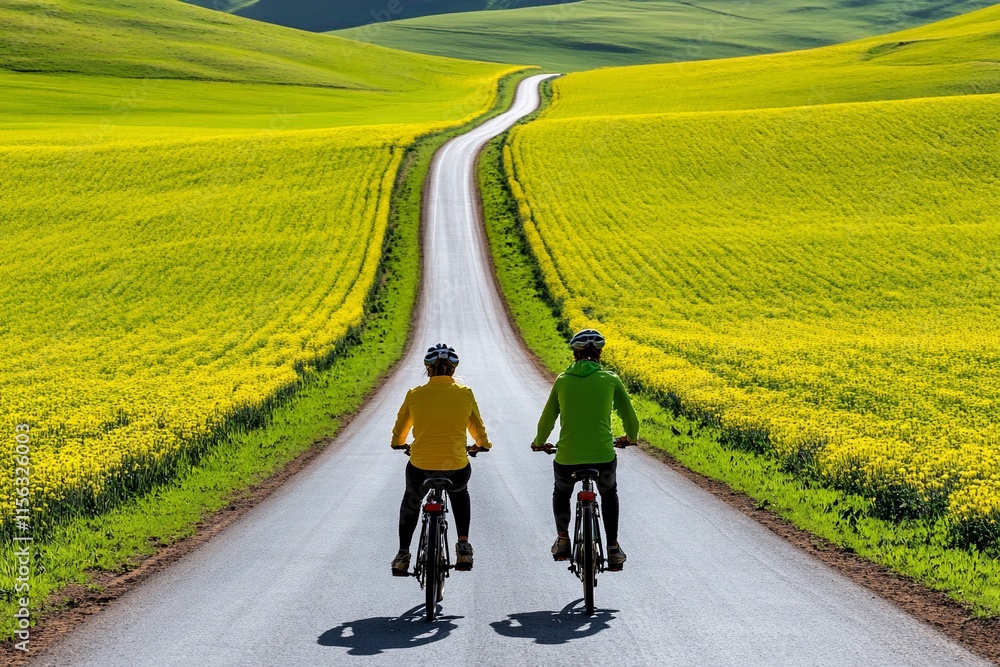 Obraz premium Two cyclists on a scenic road through vibrant fields.