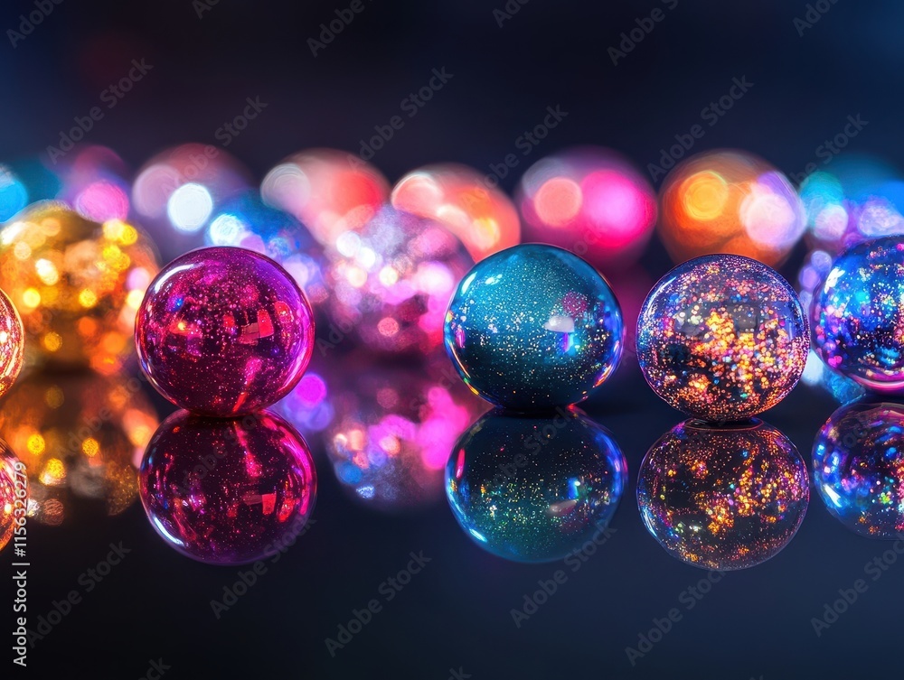 Sparkling Glitter Baubles Reflecting Colorful Bokeh Lights - Festive Holiday Background Sparkling Glitter Baubles Reflecting Colorful Bokeh Lights - Festive Holiday Background