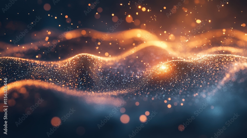 Abstract Glittering Waves Dark Blue and Orange Sparkly Background Texture - Digital Art