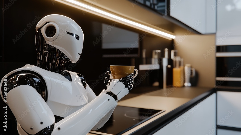 Futuristic Robot Enjoying a Cup of Coffee in Modern Kitchen Setting Futuristic Robot Enjoying a Cup of Coffee in Modern Kitchen Setting