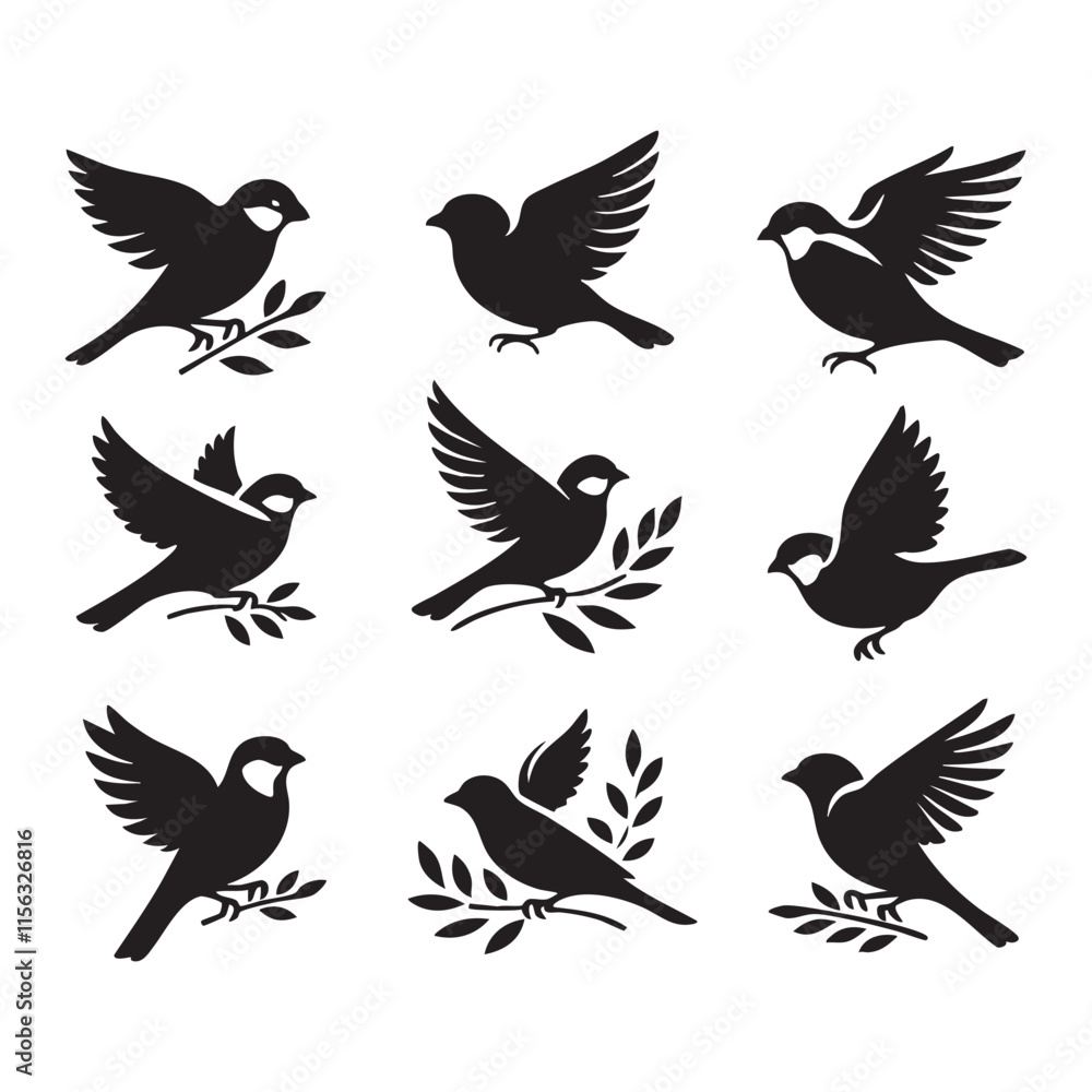 Fototapeta premium Silhouette set of sparrows on white background