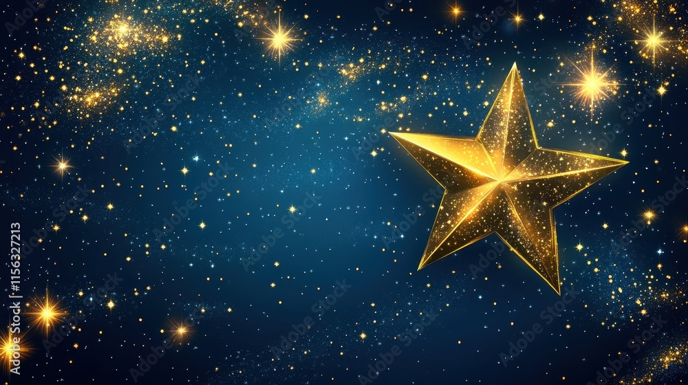 Sparkling Golden Star on a Deep Blue Night Sky Background Festive Christmas, New Year, and Holiday Design Sparkling Golden Star on a Deep Blue Night Sky Background Festive Christmas, New Year, and Holiday Design
