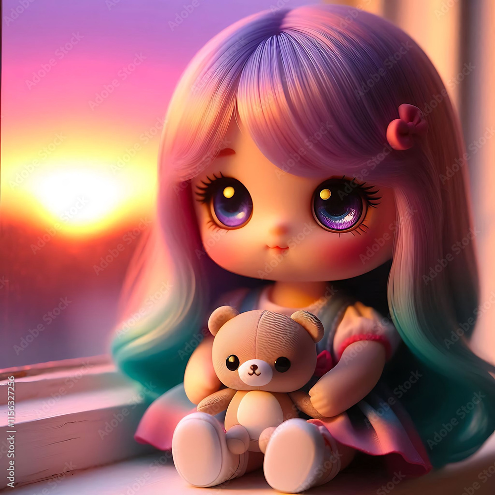 Cute Doll with Pastel Hair at Sunset Window Cute Doll with Pastel Hair at Sunset Window