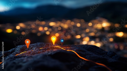 Night Navigation: Glowing Location Markers on a Mountaintop Path photo