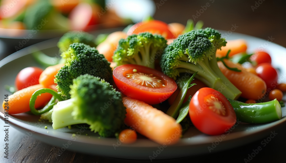 Fresh veggie platter with broccoli, tomatoes, and carrots for a vibrant and healthy meal Fresh veggie platter with broccoli, tomatoes, and carrots for a vibrant and healthy meal