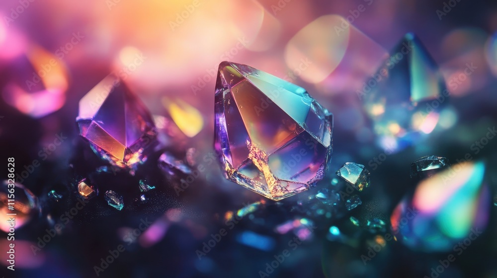 Iridescent Gemstones Macro Photography of Sparkling Crystals with Vibrant Rainbow Hues and Bokeh Background Iridescent Gemstones Macro Photography of Sparkling Crystals with Vibrant Rainbow Hues and Bokeh Background