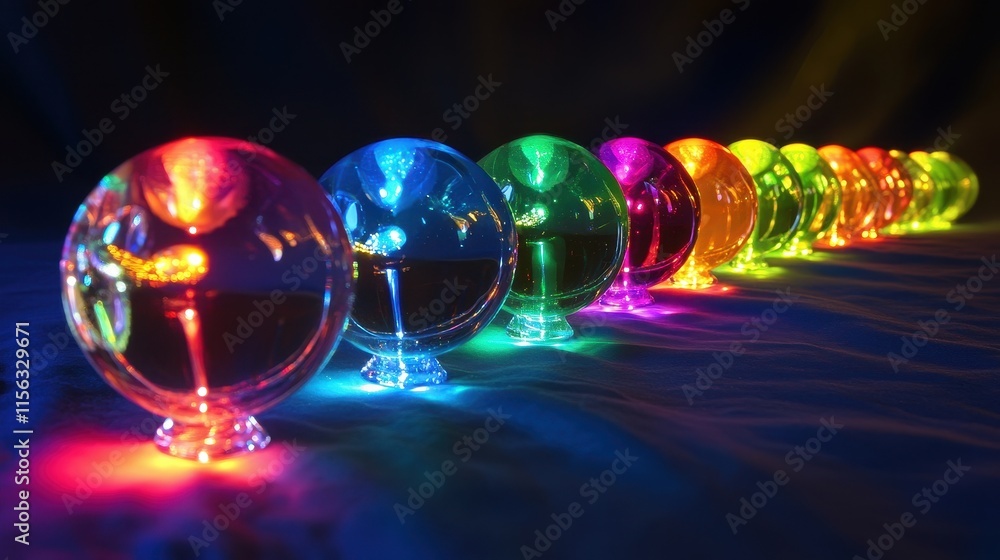 Vibrant Rainbow-Colored Illuminated Glass Globes in a Row on Dark Blue Surface - Abstract, Mystical, and Colorful Stock Photo. Vibrant Rainbow-Colored Illuminated Glass Globes in a Row on Dark Blue Surface - Abstract, Mystical, and Colorful Stock Photo.