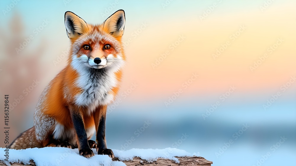 Fototapeta premium Stunning Red Fox Sitting on a Log in a Winter Landscape with Snow and Soft Evening Light