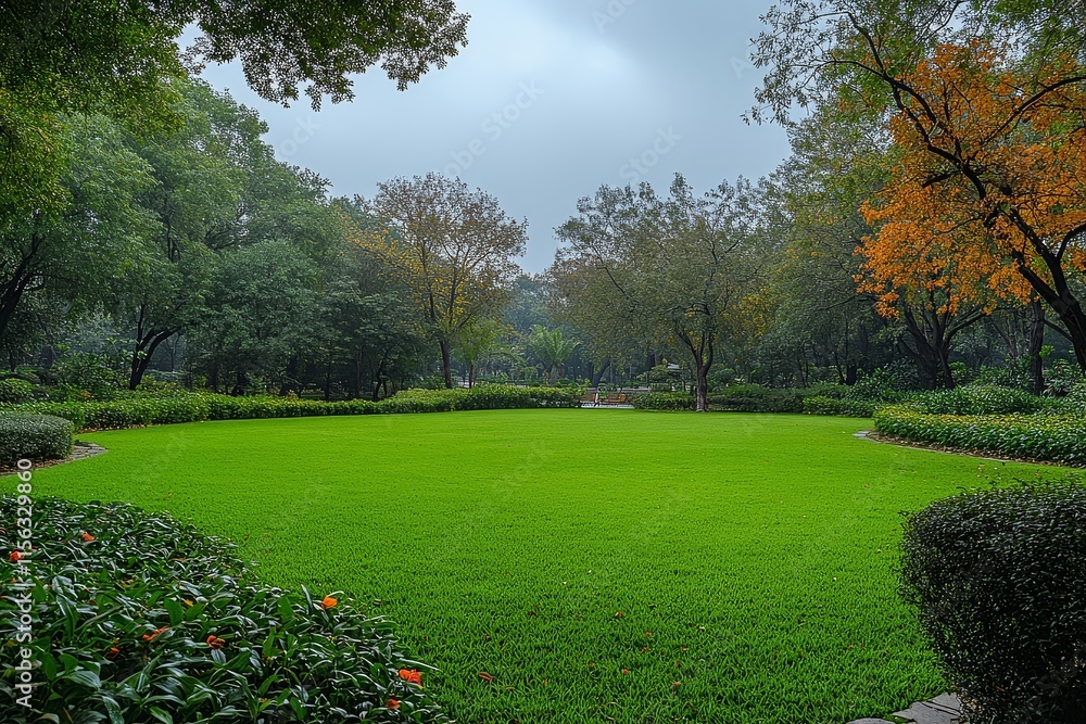 Large lush green lawn with well-maintained grass, trees, and bushes in the background creating a peaceful, tranquil outdoor setting perfect for relaxation. Large lush green lawn with well-maintained grass, trees, and bushes in the background creating a peaceful, tranquil outdoor setting perfect for relaxation.