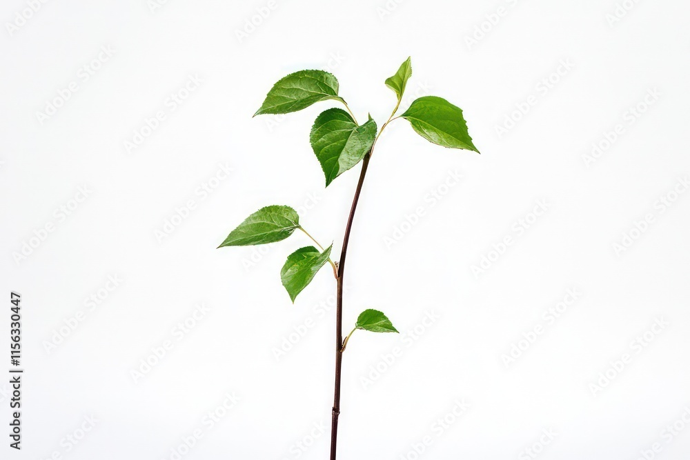 A minimalistic image of a single young plant with glossy leaves and a slender stem, displayed against a stark white background. A minimalistic image of a single young plant with glossy leaves and a slender stem, displayed against a stark white background.
