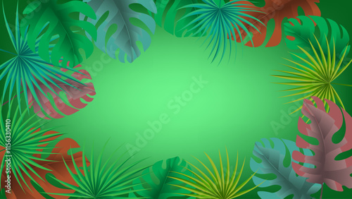 Topical leaves with green gradient mesh background nice for greeting card