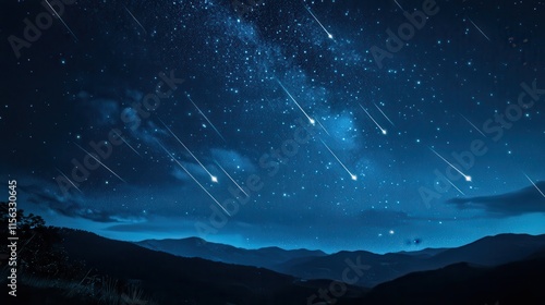 Majestic Night Sky with Shooting Stars over Silhouetted Mountains - Breathtaking Celestial Landscape Photography photo