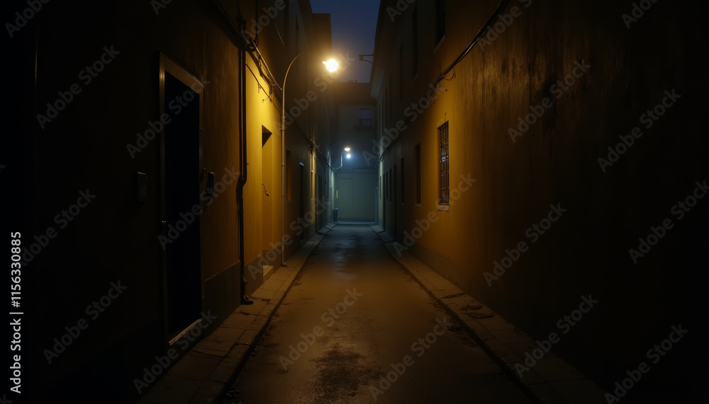 Narrow alley illuminated by streetlights at night, creating a moody atmosphere Narrow alley illuminated by streetlights at night, creating a moody atmosphere