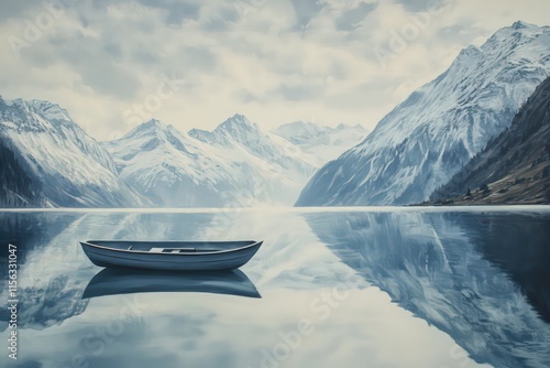A mirror-like Alpine lake reflecting the towering snow-capped Swiss Alps, with a small boat floating peacefully on the water