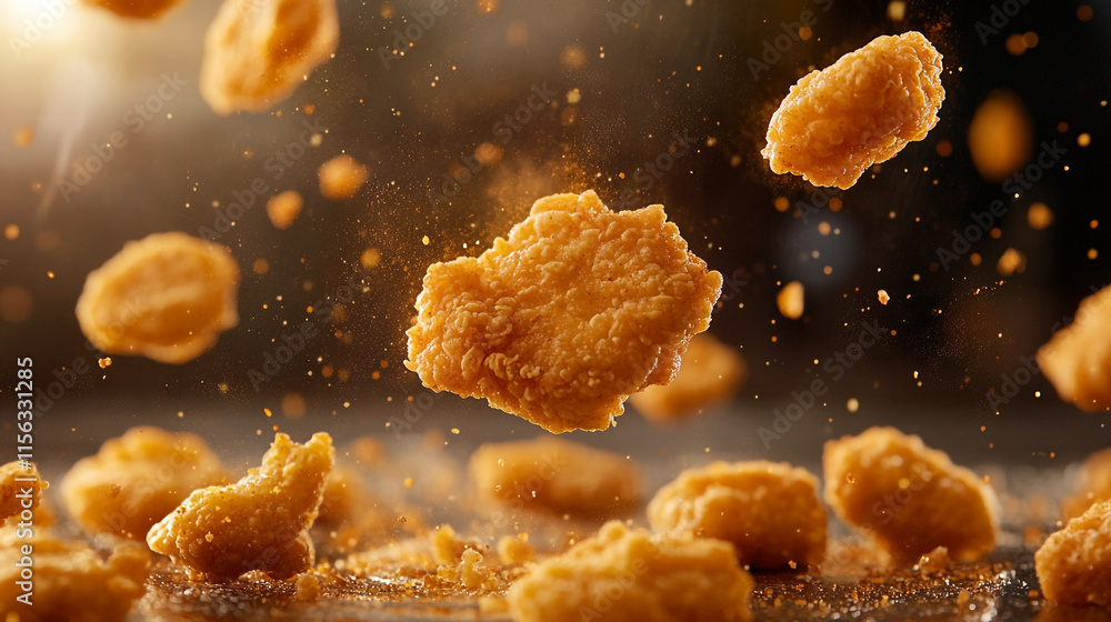 Delicious golden chicken nuggets floating above a reflective surface. Delicious golden chicken nuggets floating above a reflective surface.