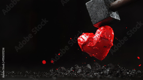 Disappointment and Valentine Pain. heart being crushed by heavy hammer, symbolizing pain photo