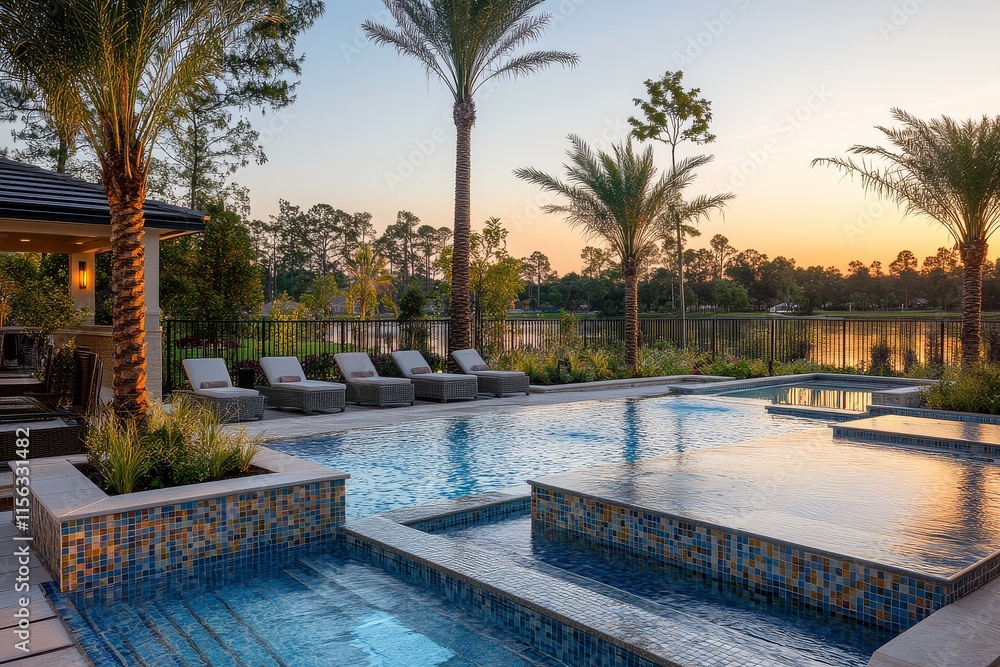 Fototapeta premium Outdoor swimming pool with modern glass and granite mosaic accents, overlooking a small lake surrounded by palm trees and a fence in the front yard of a large home on Florida's Gold Coast at sunset.
