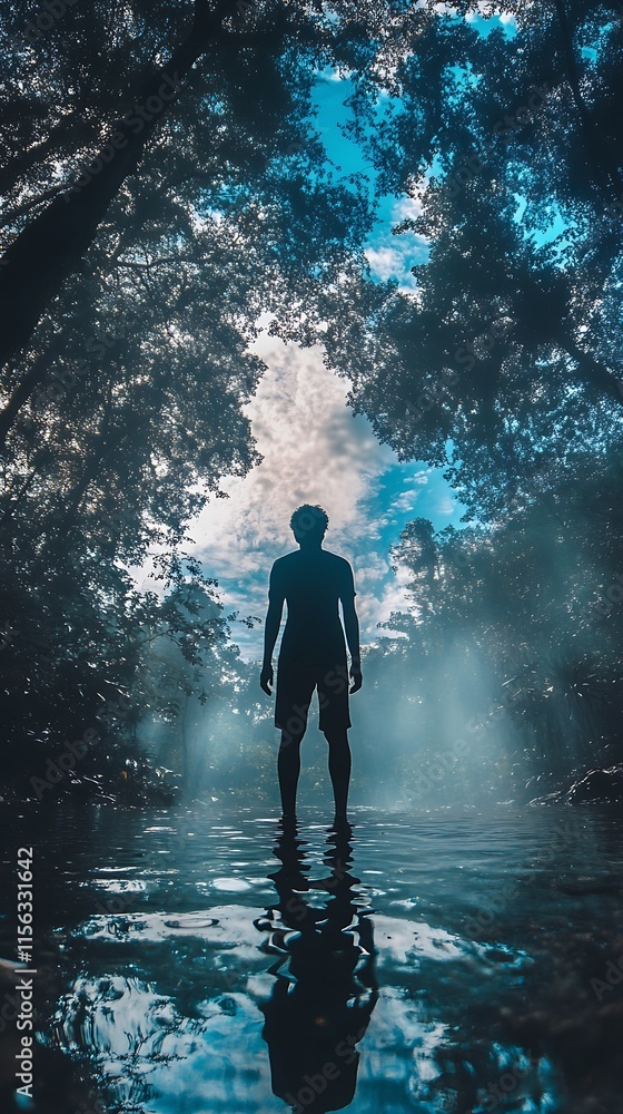 Solitude in the Forest. Man standing in a tranquil forest stream. Solitude in the Forest. Man standing in a tranquil forest stream.