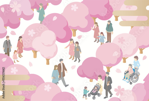 アイソメトリック　人物　家族　子供　春　お花見　さくら　桜　サクラ　背景　イラスト素材