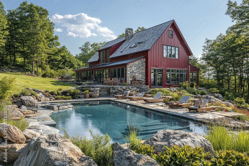 Fototapeta premium Red barn-style home with stone accents in the lush New England countryside, featuring large windows, pools, lounge chairs, barbecue area, seating, trees, flowers, and a blue sky on a summer day.
