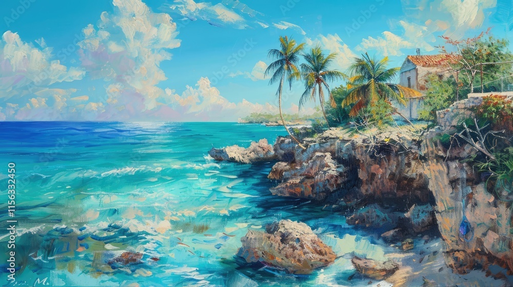 Tropical Seascape with Palm Trees and a Cliffside House Tropical Seascape with Palm Trees and a Cliffside House