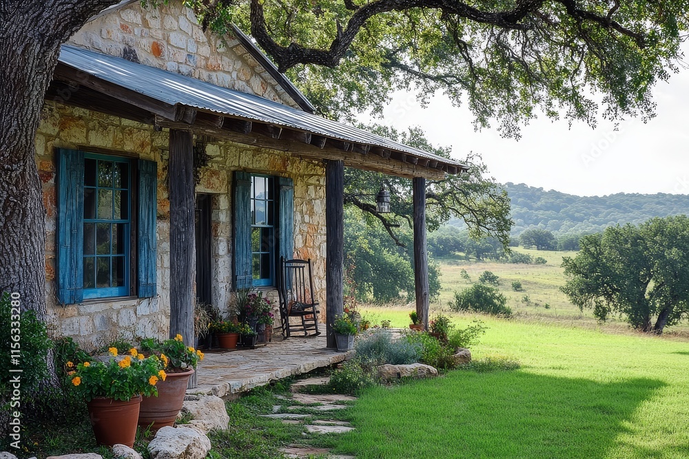 Rustic modern farmhouse in Texas hill country with stone and wood facade, blue windows, and a covered metal sheet porch. Green lawn, large oak tree, and landscaped backyard with stones and flower pots Rustic modern farmhouse in Texas hill country with stone and wood facade, blue windows, and a covered metal sheet porch. Green lawn, large oak tree, and landscaped backyard with stones and flower pots