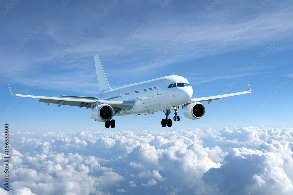 White Airplane Soaring Above Fluffy Clouds White Airplane Soaring Above Fluffy Clouds